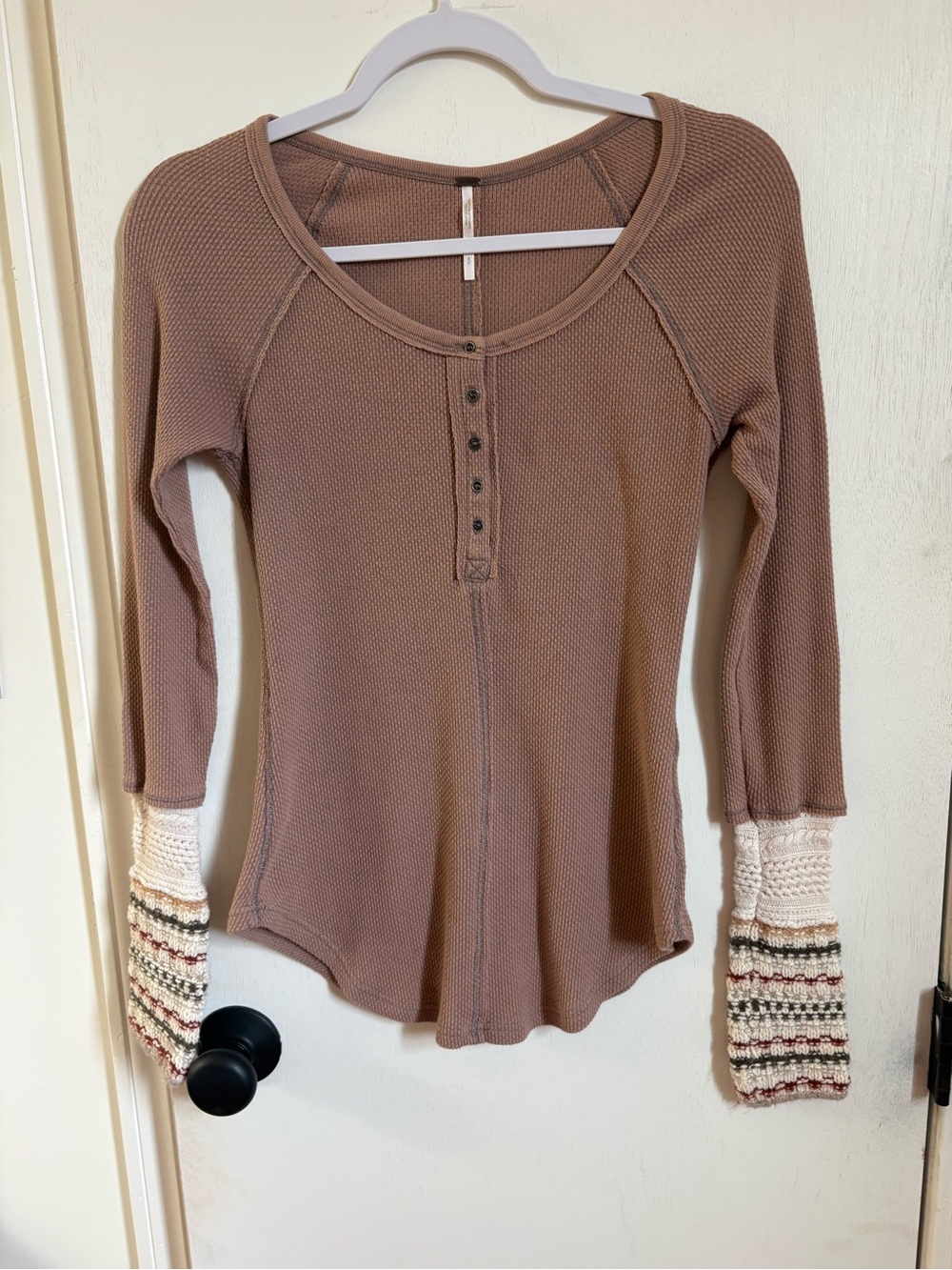 Free People Brown Waffle Henley Top with Cream & Multicolor Crochet Cuffs